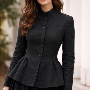 Son de Flor Black Linen Jacket Peplum Button Front Romantic Cottagecore Style